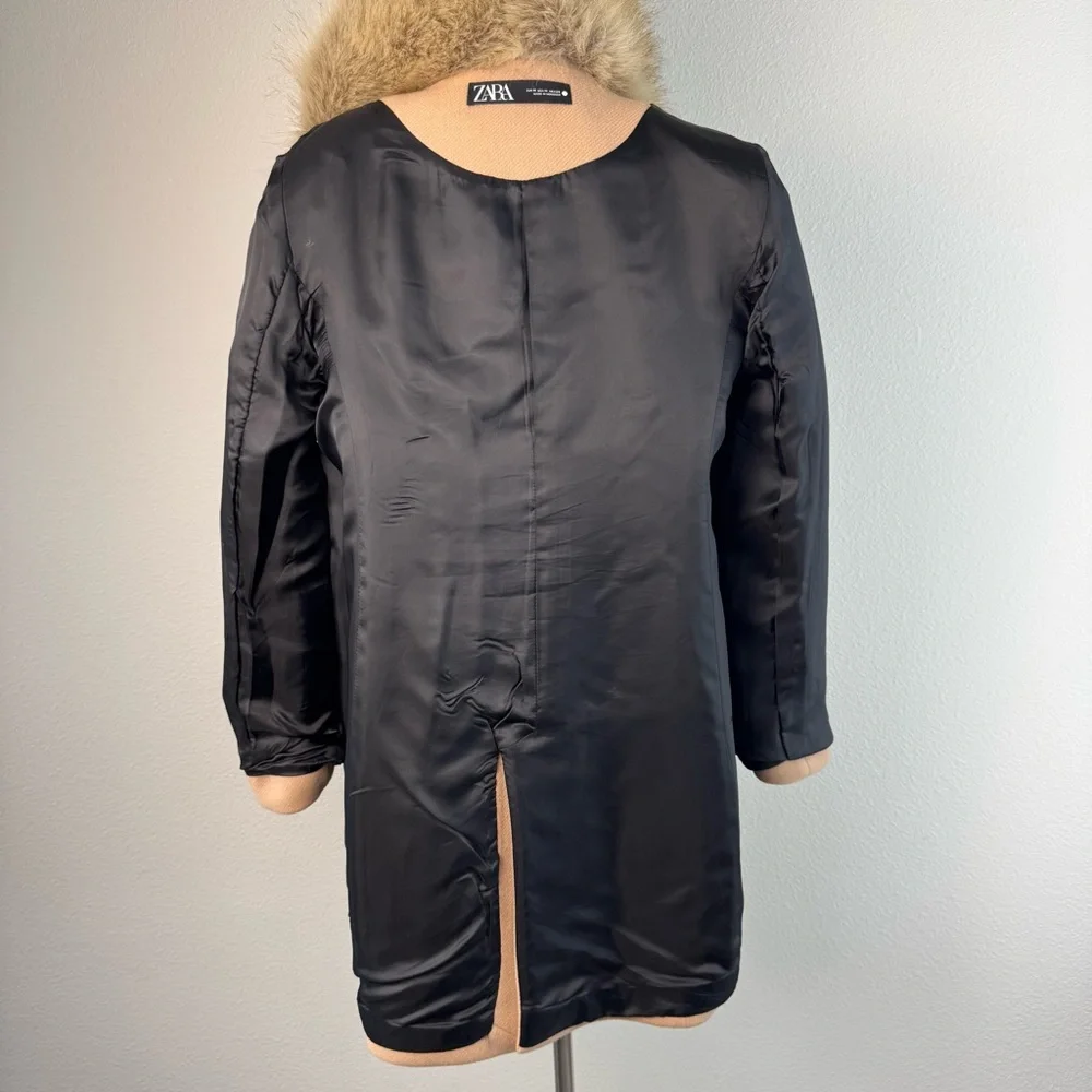 Zara Wool Blend Mid Length Coat Size M Faux Fur Removable Collar Camel Tan - Picture 9 of 17